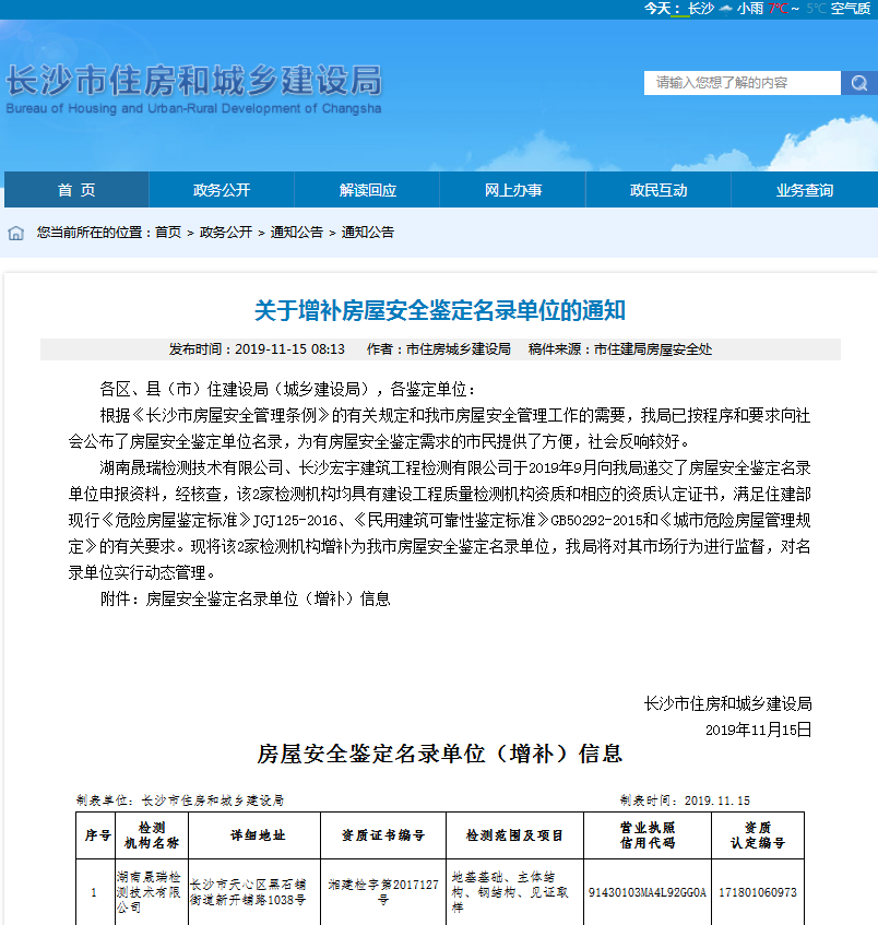 湖南晟瑞检测技术有限公司顺利加入长沙市房屋安全鉴定机构目录